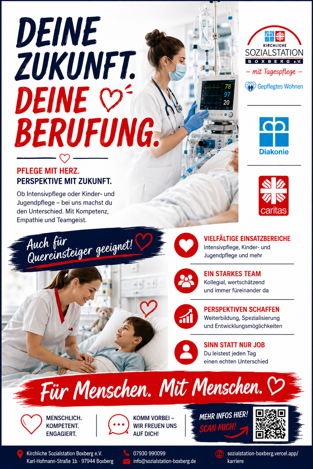 Ausbildungsflyer der Kirchlichen Sozialstation Boxberg mit dem Titel Deine Zukunft, deine Berufung.